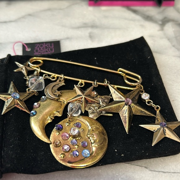 Vintage Jewelry - Vintage Safety Pin Stars and Moons Brooch-boutique